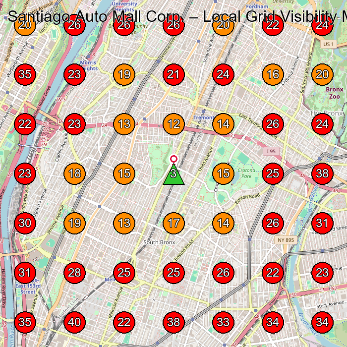 Santiago Auto Mall Corp. GeoGrid visibility map for Used Auto Parts Store in Bronx